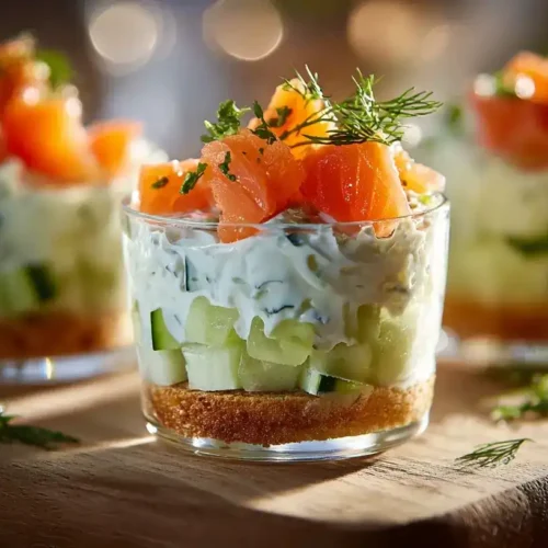 Lachs mit Frischkäse-Creme im Glas, frische Gurkenwürfel und Kräuter garniert