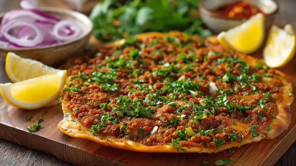 Frisch gebackenes Lahmacun Rezept – türkische Pizza mit Hackfleisch, Petersilie und Zitrone