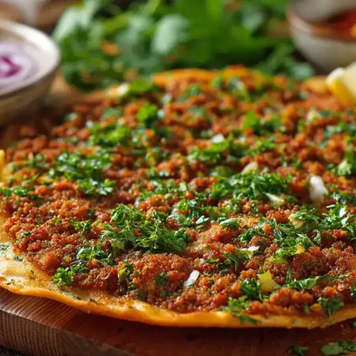 Frisch gebackenes Lahmacun Rezept – türkische Pizza mit Hackfleisch, Petersilie und Zitrone