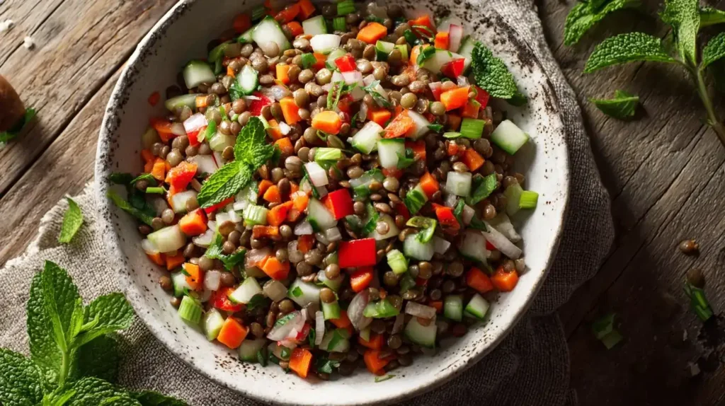Linsensalat – einfach und schnell Bunter Linsensalat mit Möhren, Paprika, Gurke, Sellerie, frischen Kräutern und Dressing in weißer Schüssel