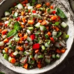 Bunter Linsensalat mit Möhren, Paprika, Gurke, Sellerie, frischen Kräutern und Dressing in weißer Schüssel