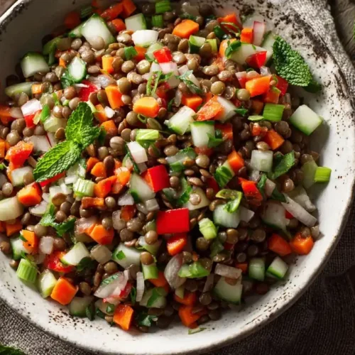 Bunter Linsensalat mit Möhren, Paprika, Gurke, Sellerie, frischen Kräutern und Dressing in weißer Schüssel