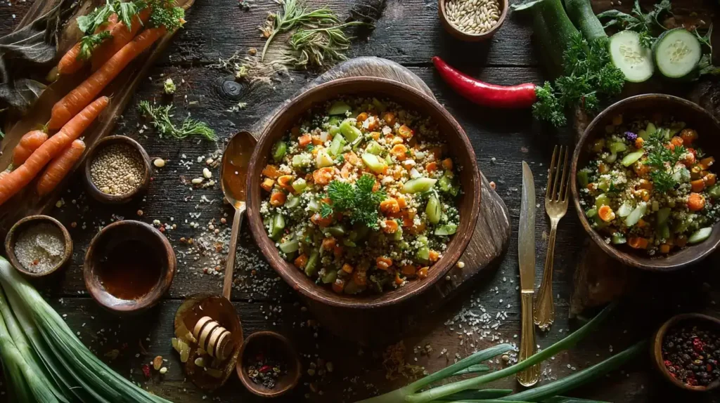 Leckerer Linsensalat mit frischem Gemüse und Kräutern auf rustikalem Holztisch, gesund und appetitlich
