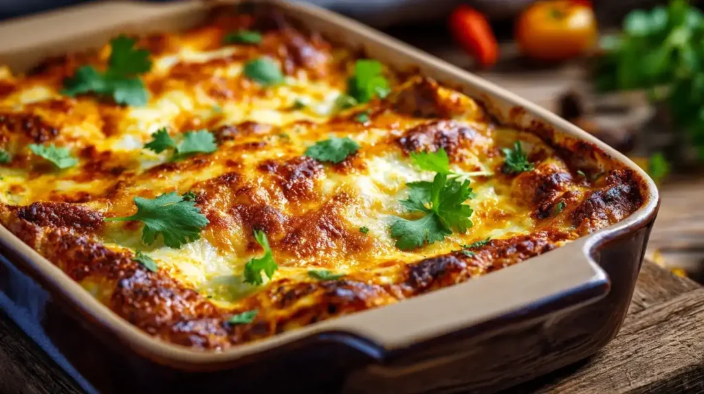 Mexikanische Enchilada-Lasagne Frisch gebackene Mexikanische Enchilada-Lasagne mit geschmolzenem Käse