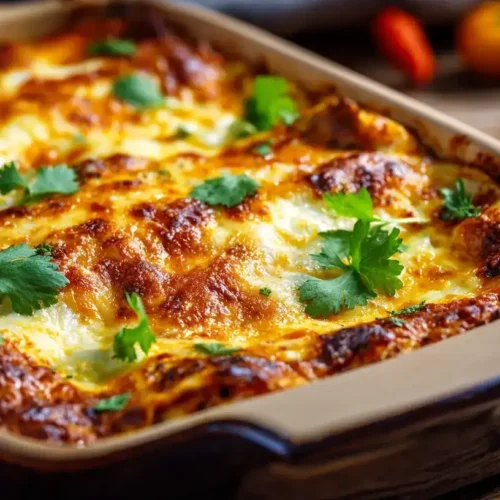 Frisch gebackene Mexikanische Enchilada-Lasagne mit geschmolzenem Käse