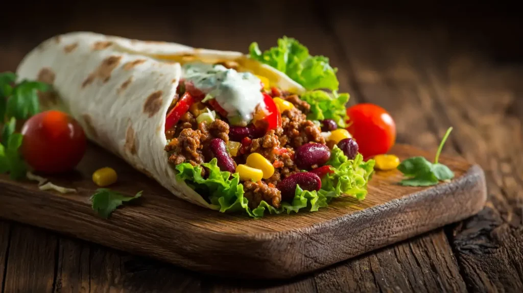 Mexikanischer Burrito mit Hackfleisch und frischen Zutaten wie Paprika, Tomaten, Mais und Bohnen