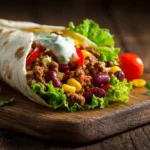 Mexikanischer Burrito mit Hackfleisch und frischen Zutaten wie Paprika, Tomaten, Mais und Bohnen