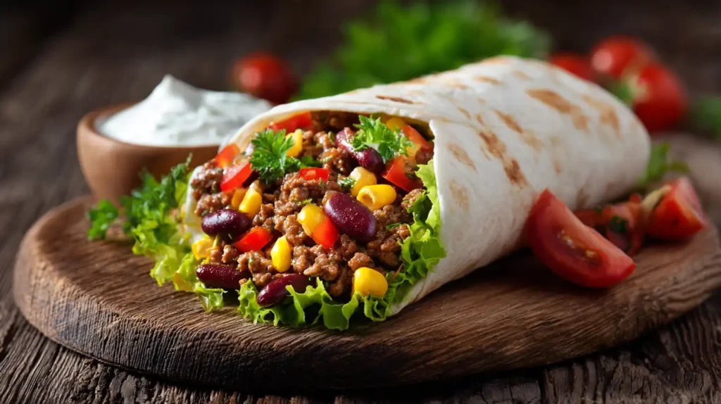 Mexikanischer Burrito mit Hackfleisch Servierter mexikanischer Burrito mit Hackfleisch, Paprika, Tomaten und Mais