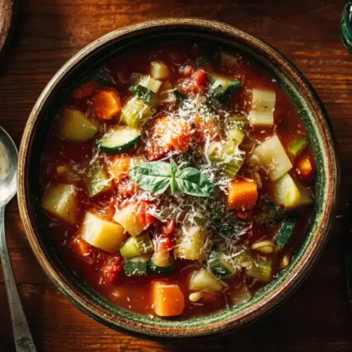 Italienische Minestrone Gemüsesuppe mit Nudeln und Parmesan