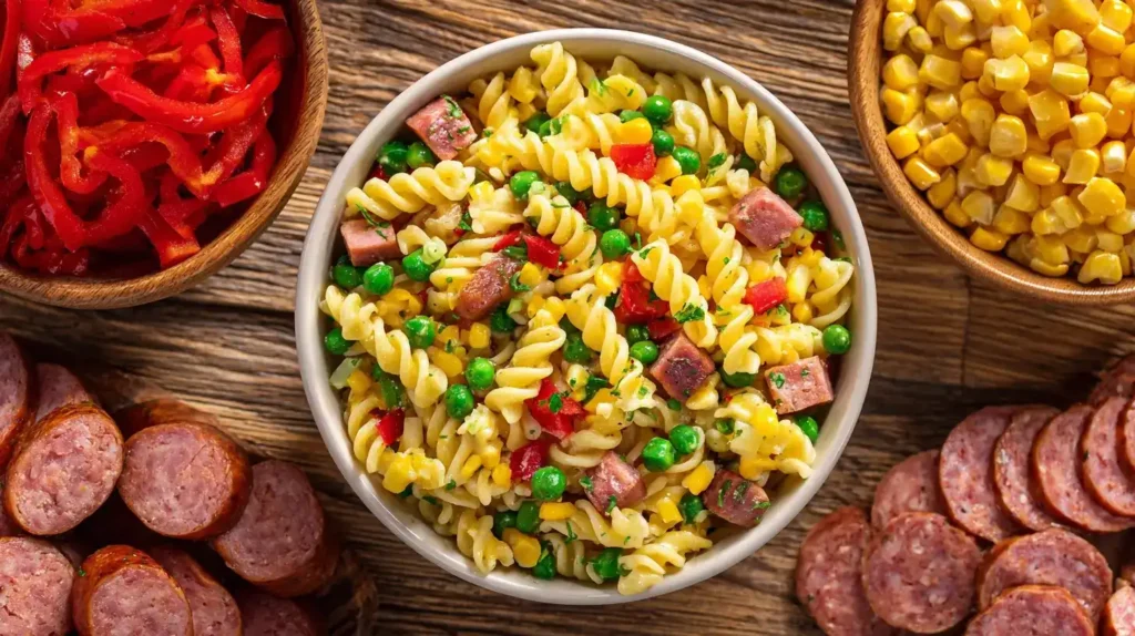 Klassischer Nudelsalat mit Mayo in der Mitte, umgeben von Mais, Paprika und Fleischwurst