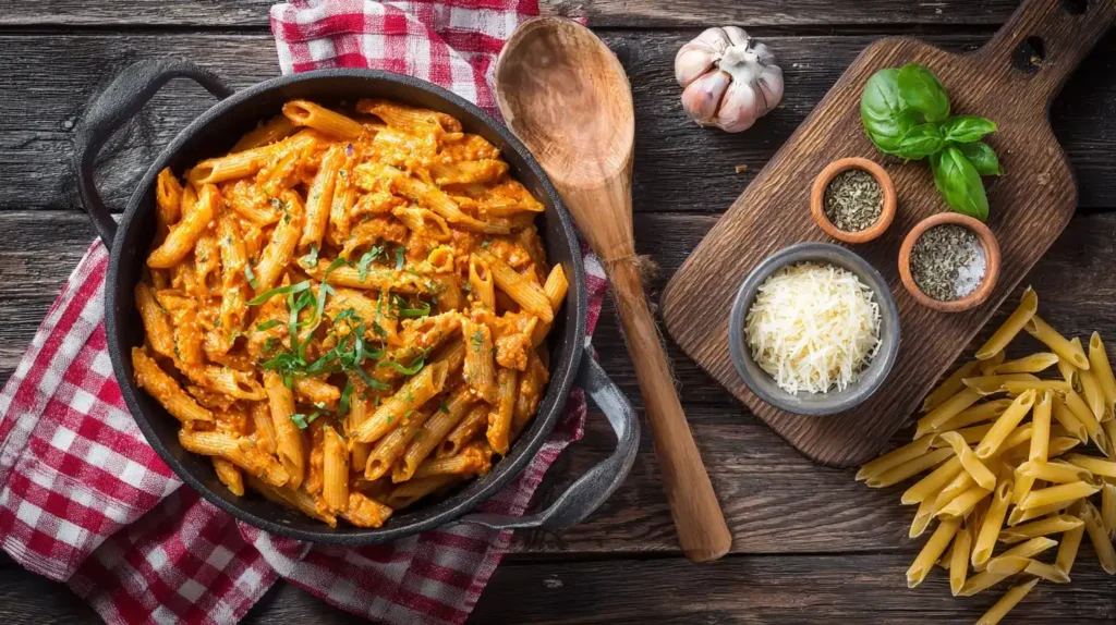 One Pot Pasta mit Hackfleisch beim Kochen im Topf, cremige Sauce mit Frühlingszwiebeln und Tomaten.