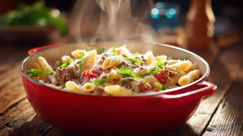 Cremige One Pot Pasta mit Hackfleisch und Tomaten in einem Topf serviert, mit Parmesan bestreut.