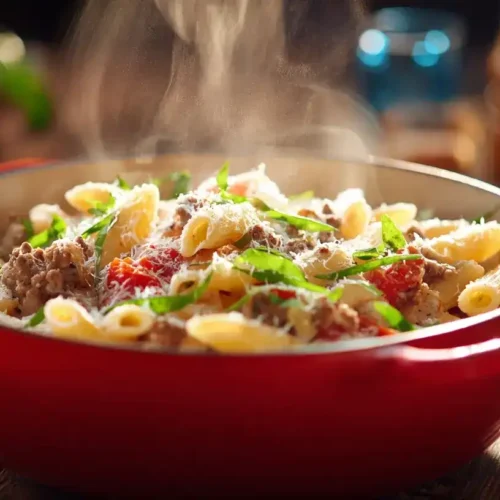 Cremige One Pot Pasta mit Hackfleisch und Tomaten in einem Topf serviert, mit Parmesan bestreut.