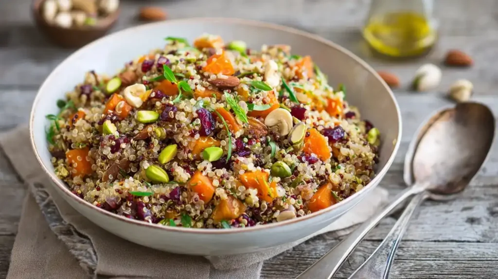 Orientalischer Quinoa-Salat mit Kichererbsen, Datteln, Pistazien und Honig-Zitronen-Dressing