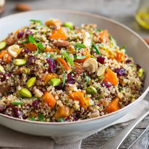 Orientalischer Quinoa-Salat mit Kichererbsen, Datteln, Pistazien und Honig-Zitronen-Dressing
