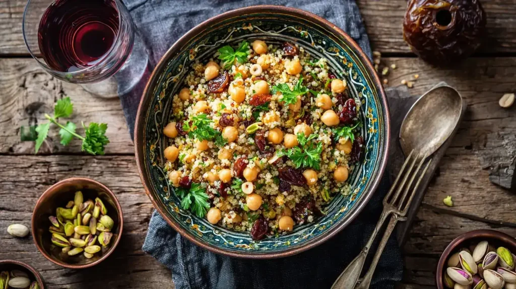 Orientalischer Quinoa-Salat in der Mitte, umgeben von Kichererbsen, Datteln und Pistazien