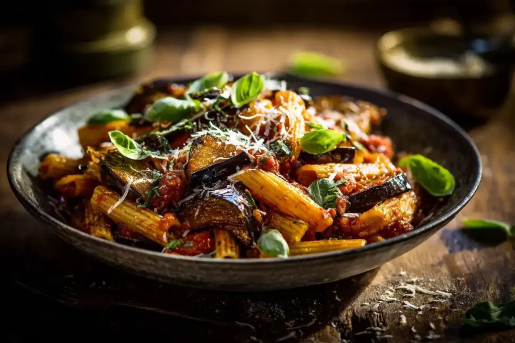 Pasta alla Norma mit goldbraunen Auberginen, frischem Basilikum und Pecorino
