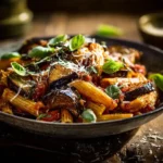 Pasta alla Norma mit goldbraunen Auberginen, frischem Basilikum und Pecorino