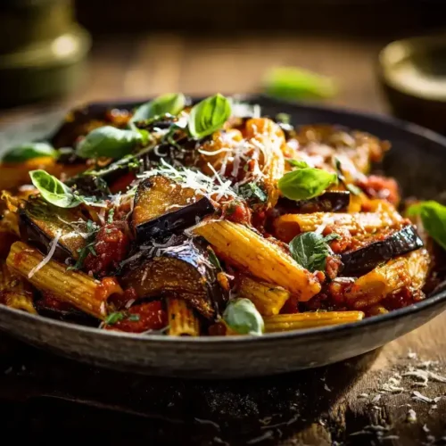Pasta alla Norma mit goldbraunen Auberginen, frischem Basilikum und Pecorino