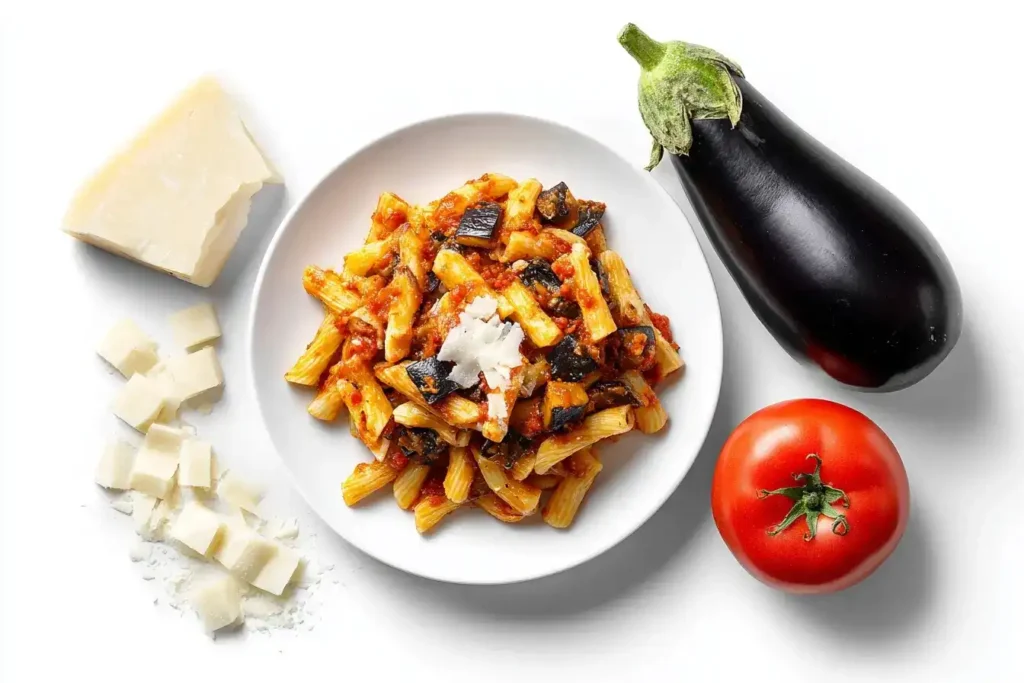 Leckere Pasta alla Norma auf Teller serviert mit Tomatensauce und geriebenem Pecorino