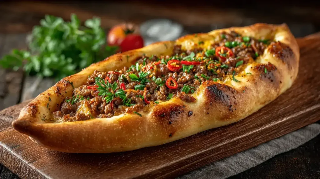 Saftige Pide mit Hackfleisch, frisch aus dem Ofen, goldbraun und knusprig