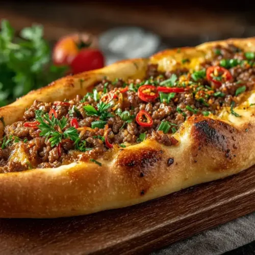 Saftige Pide mit Hackfleisch, frisch aus dem Ofen, goldbraun und knusprig