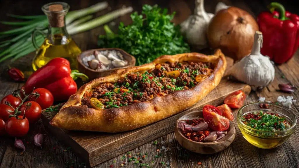 Pide mit Hackfleisch in der Mitte, mit Paprika, Tomaten und Frühlingszwiebeln rundherum