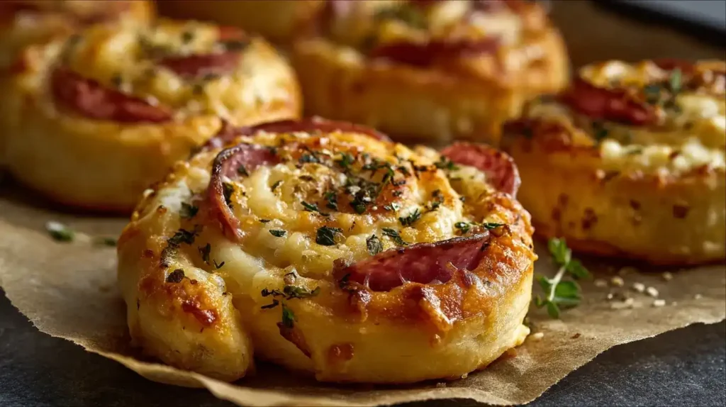 Knusprige Pizzaschnecken mit Blätterteig frisch gebacken auf Backpapier