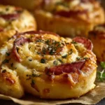 Knusprige Pizzaschnecken mit Blätterteig frisch gebacken auf Backpapier