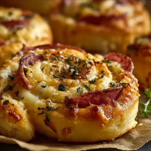 Knusprige Pizzaschnecken mit Blätterteig frisch gebacken auf Backpapier