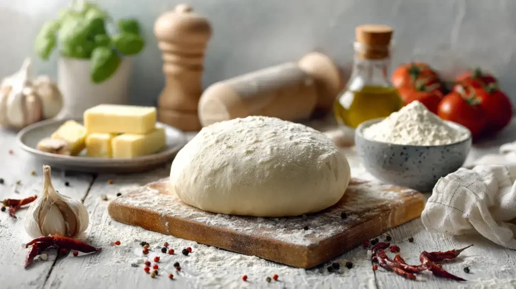 Frisch zubereiteter Pizzateig auf Backblech, bereit zum Belegen