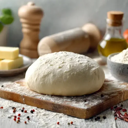 Frisch zubereiteter Pizzateig auf Backblech, bereit zum Belegen