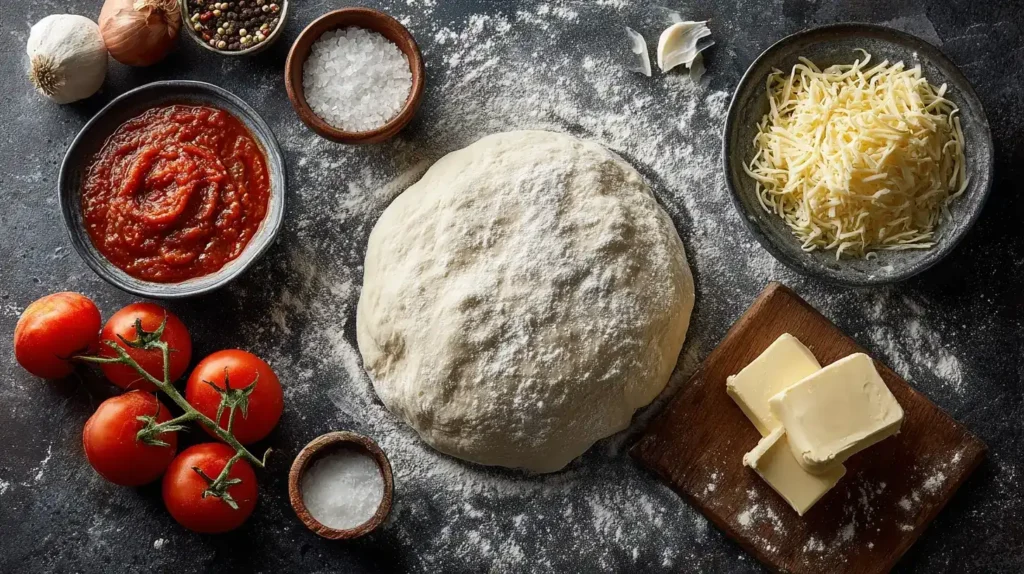izzateig in der Schüssel mit Butter, Mehl und Wasser, ideal für hausgemachte Pizza