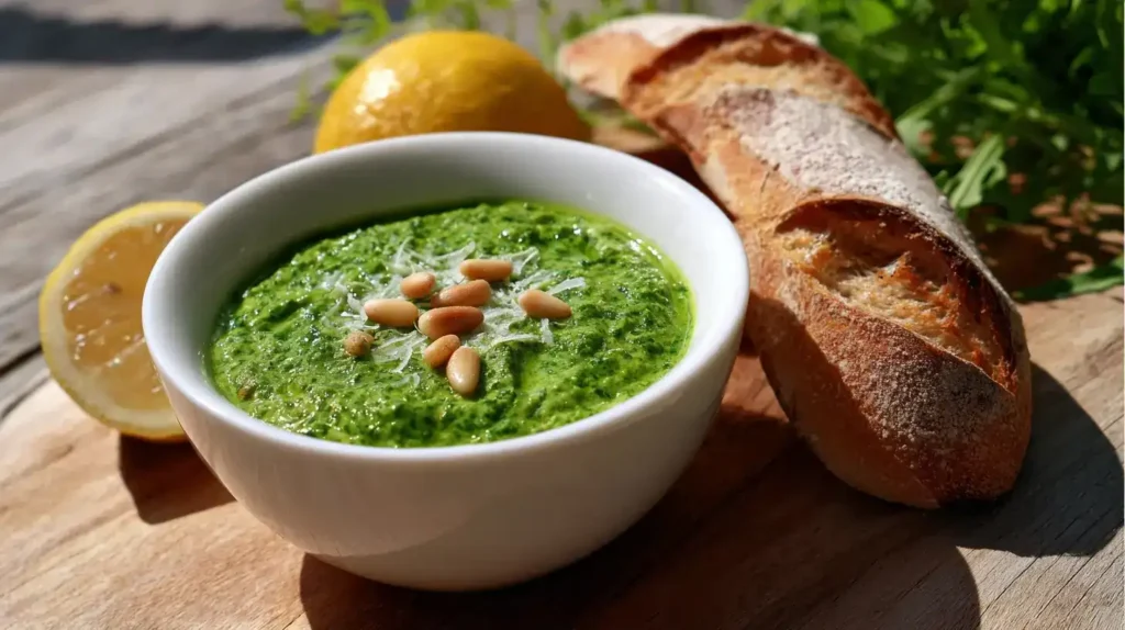 Cremiges Rucola-Pesto als Brotaufstrich auf frischem Ciabatta
