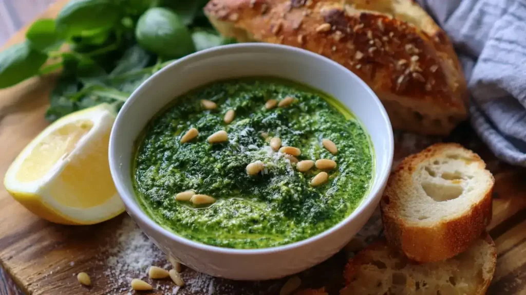 Frisches Rucola-Pesto serviert auf Pasta mit Pinienkernen und Parmesan