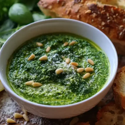Frisches Rucola-Pesto serviert auf Pasta mit Pinienkernen und Parmesan