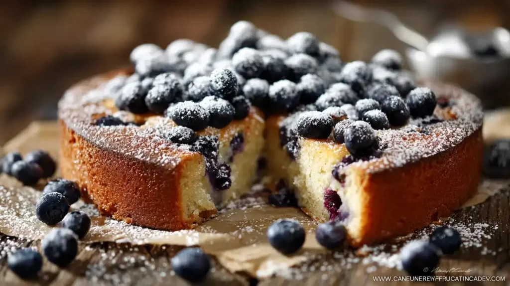 Nahaufnahme eines saftigen Heidelbeerkuchens mit Joghurt, bestäubt mit Puderzucker und frischen Heidelbeeren.