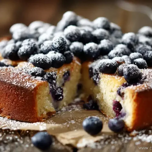 Nahaufnahme eines saftigen Heidelbeerkuchens mit Joghurt, bestäubt mit Puderzucker und frischen Heidelbeeren.
