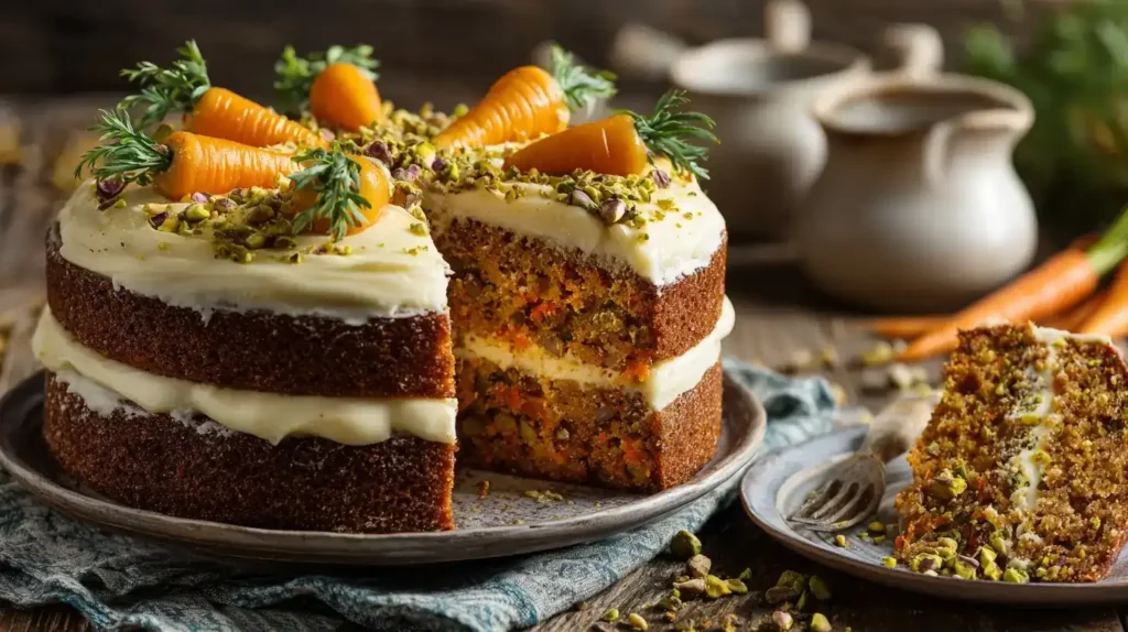 Saftiger Karottenkuchen mit cremigem Frischkäse-Frosting auf rustikalem Holztisch