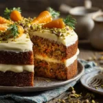 Saftiger Karottenkuchen mit cremigem Frischkäse-Frosting auf rustikalem Holztisch