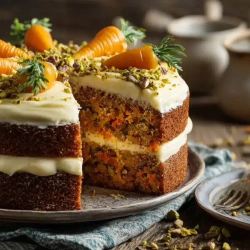 Saftiger Karottenkuchen mit cremigem Frischkäse-Frosting auf rustikalem Holztisch