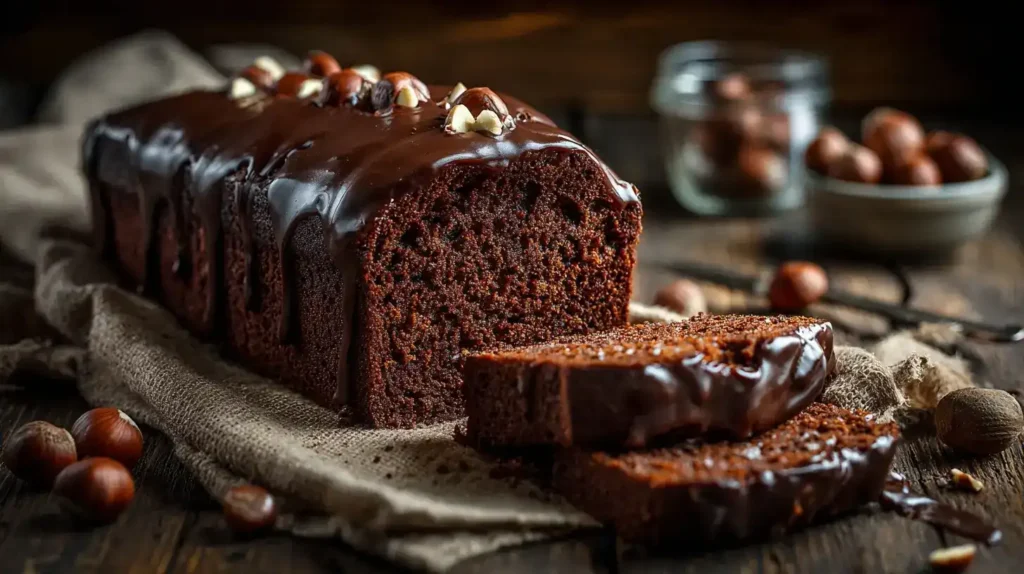 Saftiger Schoko-Nuss-Becherkuchen mit Schokoladenglasur auf Holzbrett