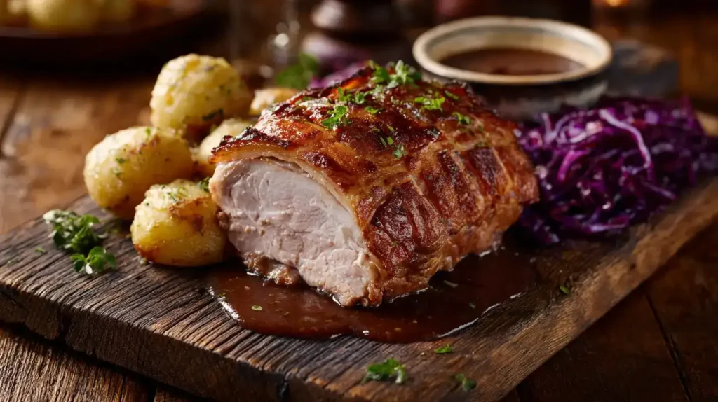 Schweinebraten – Saftig, Zart und Unwiderstehlich Saftiger Schweinebraten mit goldbrauner Kruste und Bratensoße