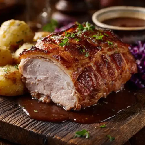 Saftiger Schweinebraten mit goldbrauner Kruste und Bratensoße