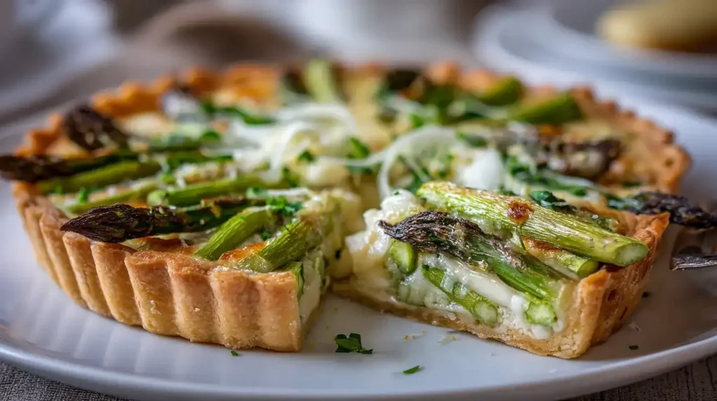 Knusprige Spargel-Tarte mit grünem Spargel und geschmolzenem Käse auf Backblech