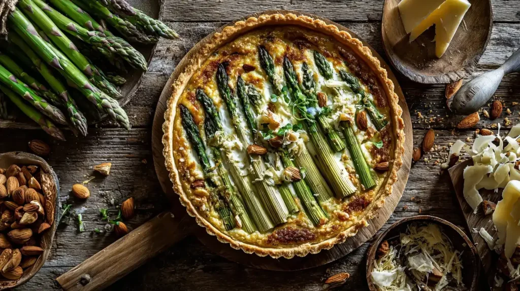 Frühlingshafte grüne Spargel-Tarte frisch aus dem Ofen serviert auf Teller