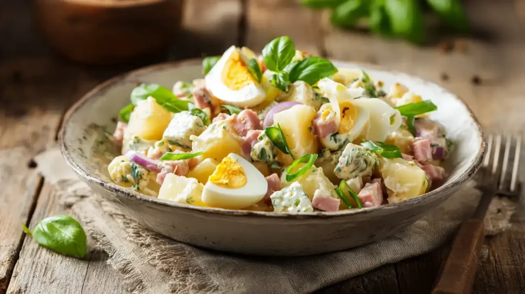 Spargelsalat mit Ei und Schinken in Schüssel serviert, mit Parmesan und Basilikum garniert