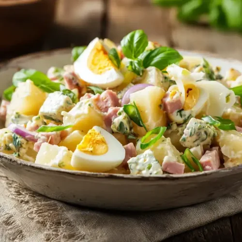 Spargelsalat mit Ei und Schinken in Schüssel serviert, mit Parmesan und Basilikum garniert