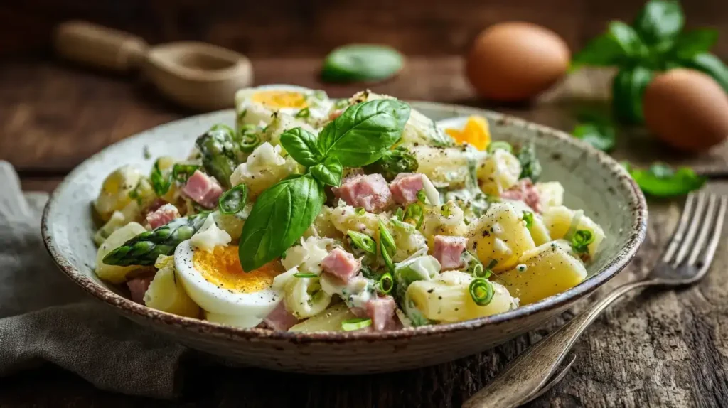 Nahaufnahme von cremigem Spargelsalat mit Ei, Schinken und Kräuter-Dressing