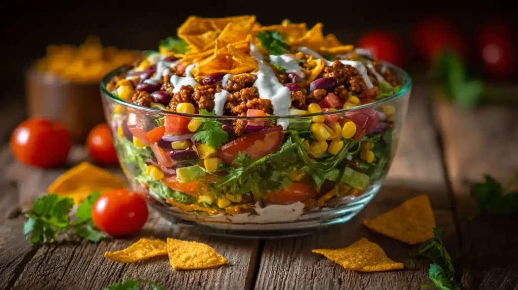 Taco-Salat mit Hackfleisch, frischem Gemüse und Tortilla-Chips in Schüssel serviert